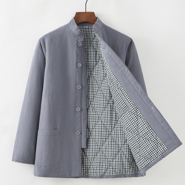 Traje de espiga con botones de rana para hombre de invierno con Buddha Stones, chaqueta y camisa con forro polar de algodón y lino con bolsillos - Gris - Botón abajo - US/UK/AU44, EU54 (4XL) - image 3