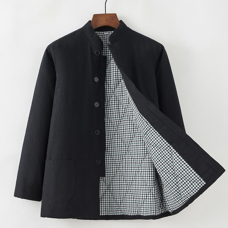 Traje de espiga con botones de rana para hombre de invierno con Buddha Stones, chaqueta y camisa con forro polar de algodón y lino con bolsillos - Negro - Botón abajo - US/UK/AU44, EU54 (4XL) - image 12