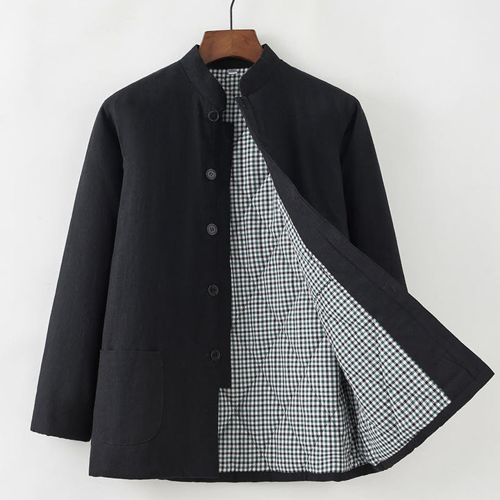 Traje de espiga con botones de rana para hombre de invierno con Buddha Stones, chaqueta y camisa con forro polar de algodón y lino con bolsillos - Negro - Botón abajo - US/UK/AU44, EU54 (4XL) - image 12