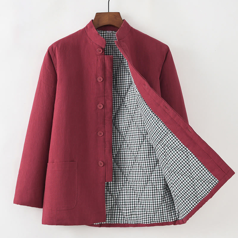 Traje de espiga con botones de rana para hombre de invierno con Buddha Stones, chaqueta y camisa con forro polar de algodón y lino con bolsillos - Ladrillo refractario - Botón hacia abajo - US/UK/AU44, EU54 (4XL) - image 13