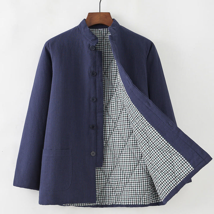 Traje de espiga con botones de rana para hombre de invierno con Buddha Stones, chaqueta y camisa con forro polar de algodón y lino con bolsillos - Azul acero - Botón hacia abajo - US/UK/AU44, EU54 (4XL) - image 0