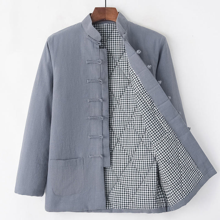 Traje de espiga con botones de rana para hombre de invierno con Buddha Stones, chaqueta y camisa con forro polar de algodón y lino con bolsillos - Gris - Botón de rana - US/UK/AU44, EU54 (4XL) - image 15