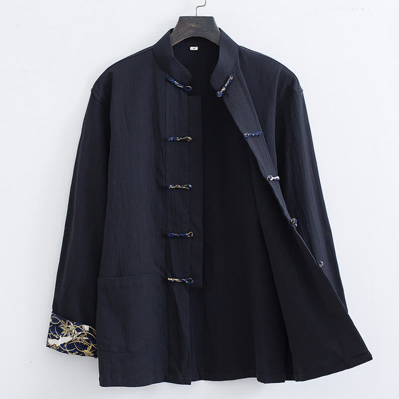 Traje Tang con botones de rana para hombre de Buddha Stones, chaqueta y camisa con bordado de grulla blanca de algodón y bolsillos