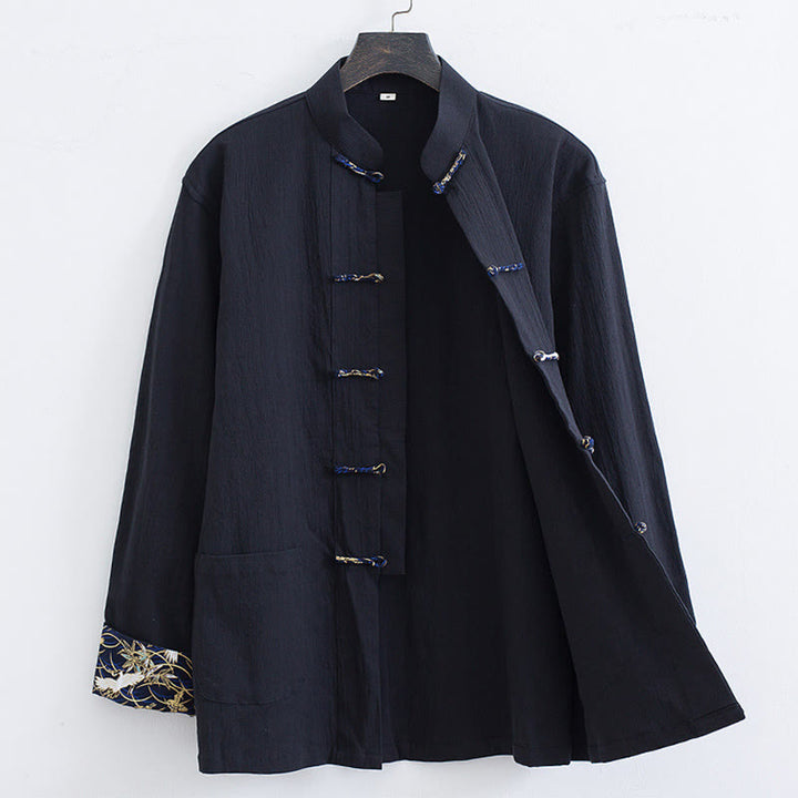 Traje Tang con botones de rana para hombre de Buddha Stones, chaqueta y camisa con bordado de grulla blanca de algodón y bolsillos