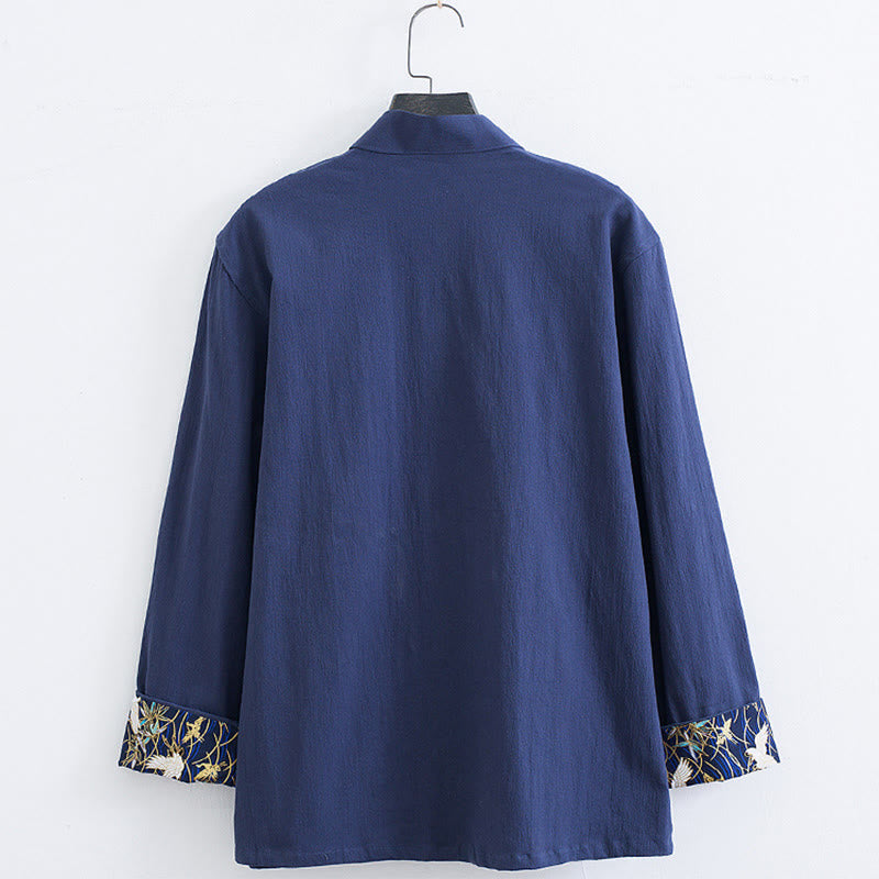 Traje Tang con botones de rana para hombre de Buddha Stones, chaqueta y camisa con bordado de grulla blanca de algodón y bolsillos