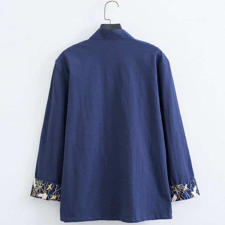 Traje Tang con botones de rana para hombre de Buddha Stones, chaqueta y camisa con bordado de grulla blanca de algodón y bolsillos - image 11