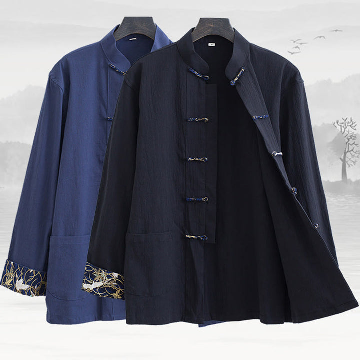 Traje Tang con botones de rana para hombre de Buddha Stones, chaqueta y camisa con bordado de grulla blanca de algodón y bolsillos