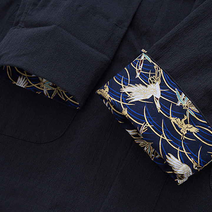 Traje Tang con botones de rana para hombre de Buddha Stones, chaqueta y camisa con bordado de grulla blanca de algodón y bolsillos