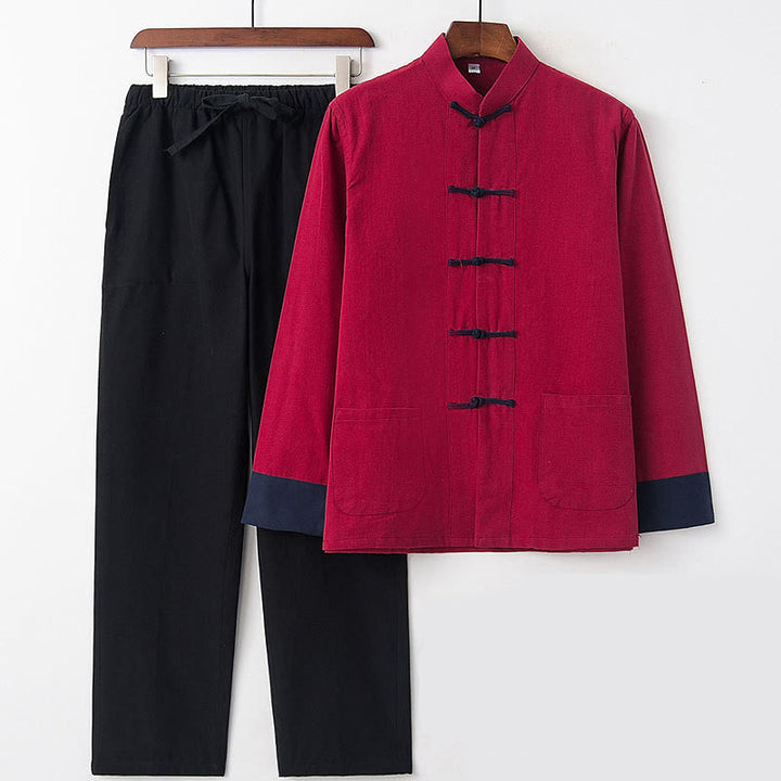 Conjunto de 2 piezas de camisa y pantalones de manga larga de algodón con botones de rana para hombre con Buddha Stones