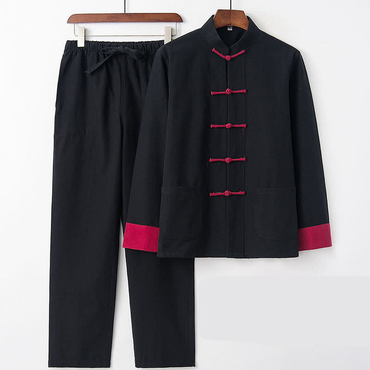 Conjunto de 2 piezas de camisa y pantalones de manga larga de algodón con botones de rana para hombre con Buddha Stones