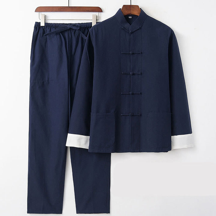 Conjunto de 2 piezas de camisa y pantalones de manga larga de algodón con botones de rana para hombre con Buddha Stones