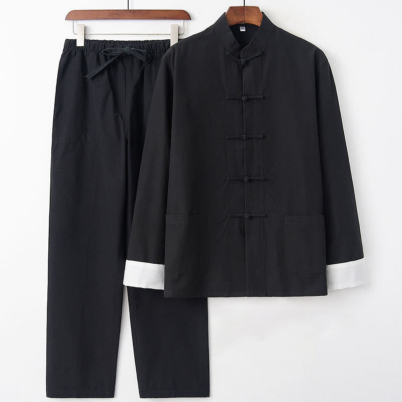 Conjunto de 2 piezas de camisa y pantalones de manga larga de algodón con botones de rana para hombre con Buddha Stones