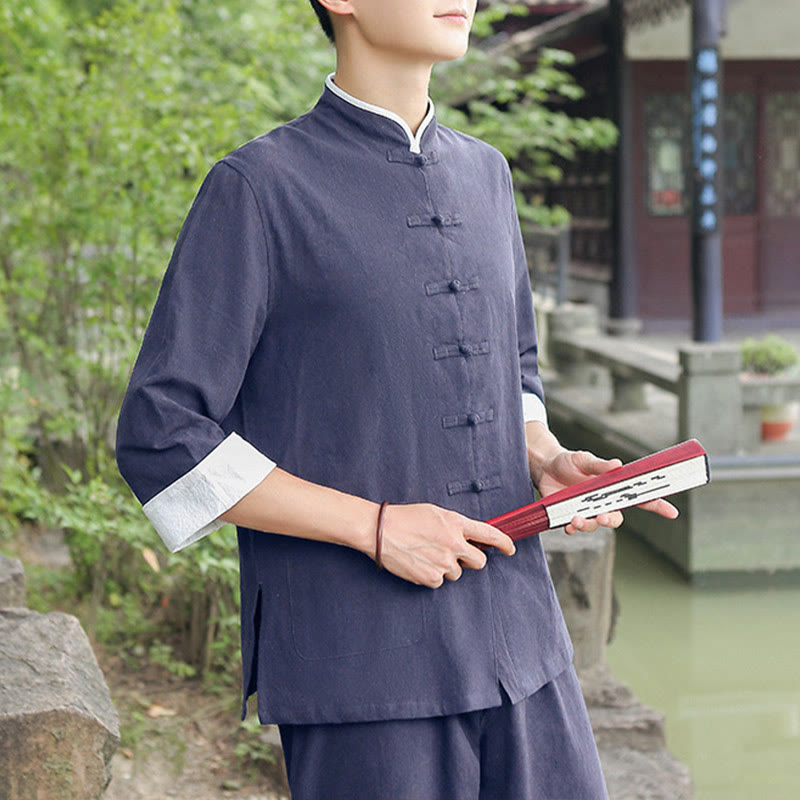 Conjunto de 2 piezas de camisa y pantalones de manga tres cuartos de algodón con botones de rana para hombre de Buddha Stones