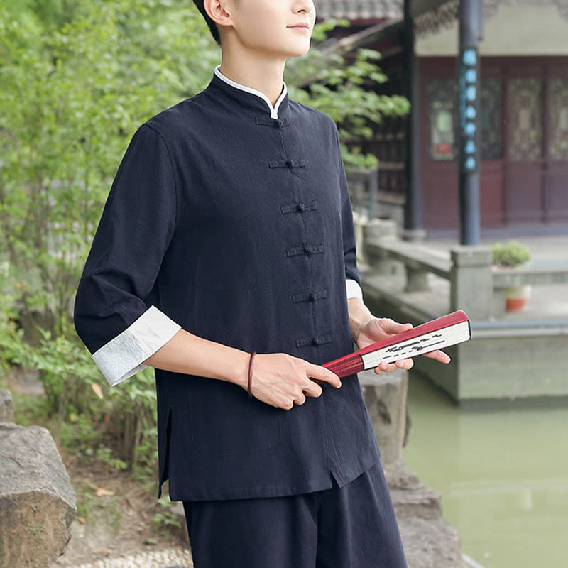 Conjunto de 2 piezas de camisa y pantalones de manga tres cuartos de algodón con botones de rana para hombre de Buddha Stones - image 9