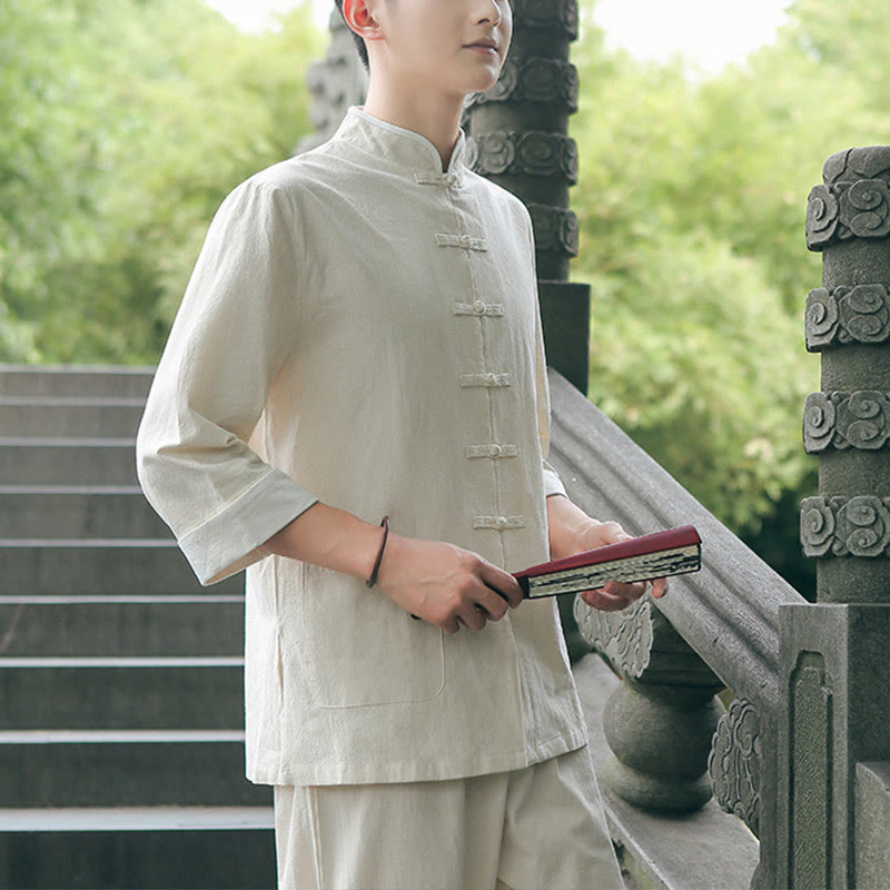 Conjunto de 2 piezas de camisa y pantalones de manga tres cuartos de algodón con botones de rana para hombre de Buddha Stones