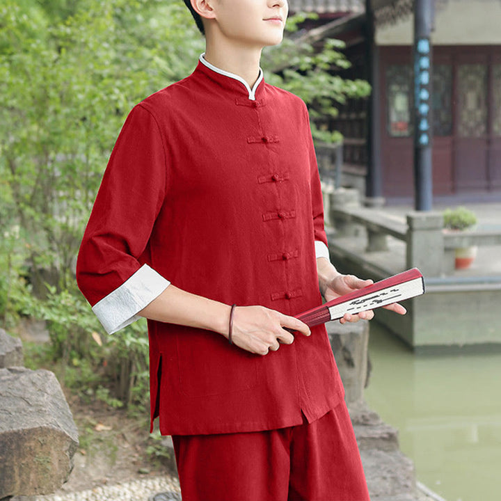 Conjunto de 2 piezas de camisa y pantalones de manga tres cuartos de algodón con botones de rana para hombre de Buddha Stones