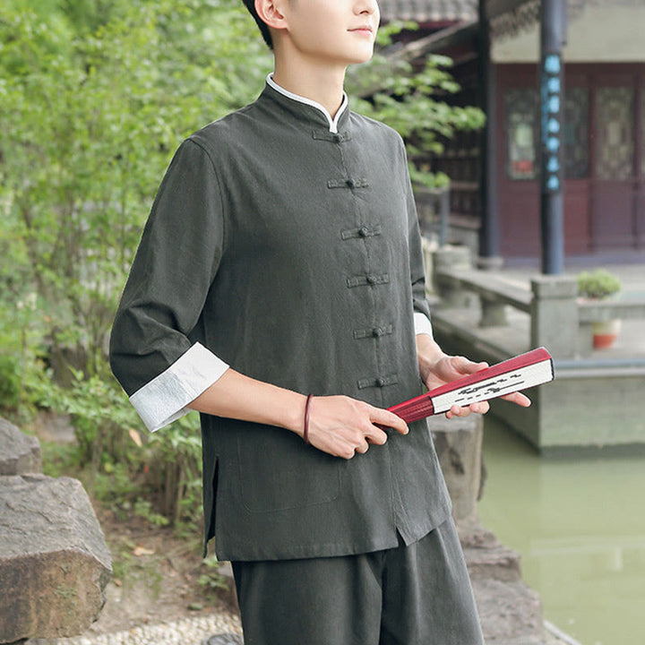 Conjunto de 2 piezas de camisa y pantalones de manga tres cuartos de algodón con botones de rana para hombre de Buddha Stones - image 15