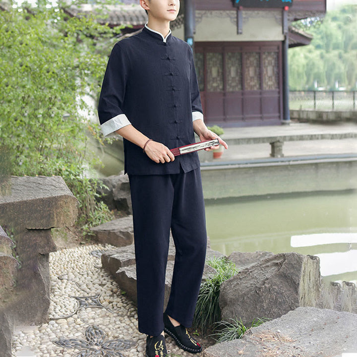 Conjunto de 2 piezas de camisa y pantalones de manga tres cuartos de algodón con botones de rana para hombre de Buddha Stones