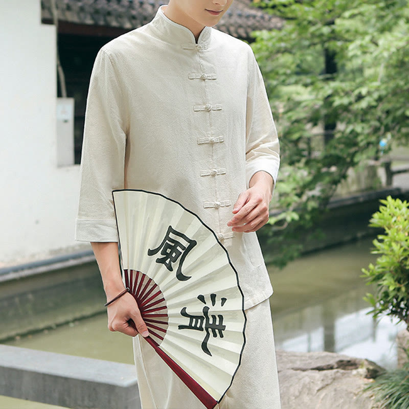 Conjunto de 2 piezas de camisa y pantalones de manga tres cuartos de algodón con botones de rana para hombre de Buddha Stones