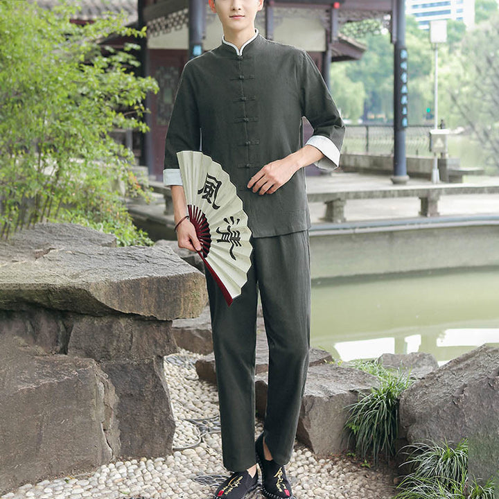 Conjunto de 2 piezas de camisa y pantalones de manga tres cuartos de algodón con botones de rana para hombre de Buddha Stones - Verde mar oscuro - US/UK/AU48, EU58 (6XL) - image 14