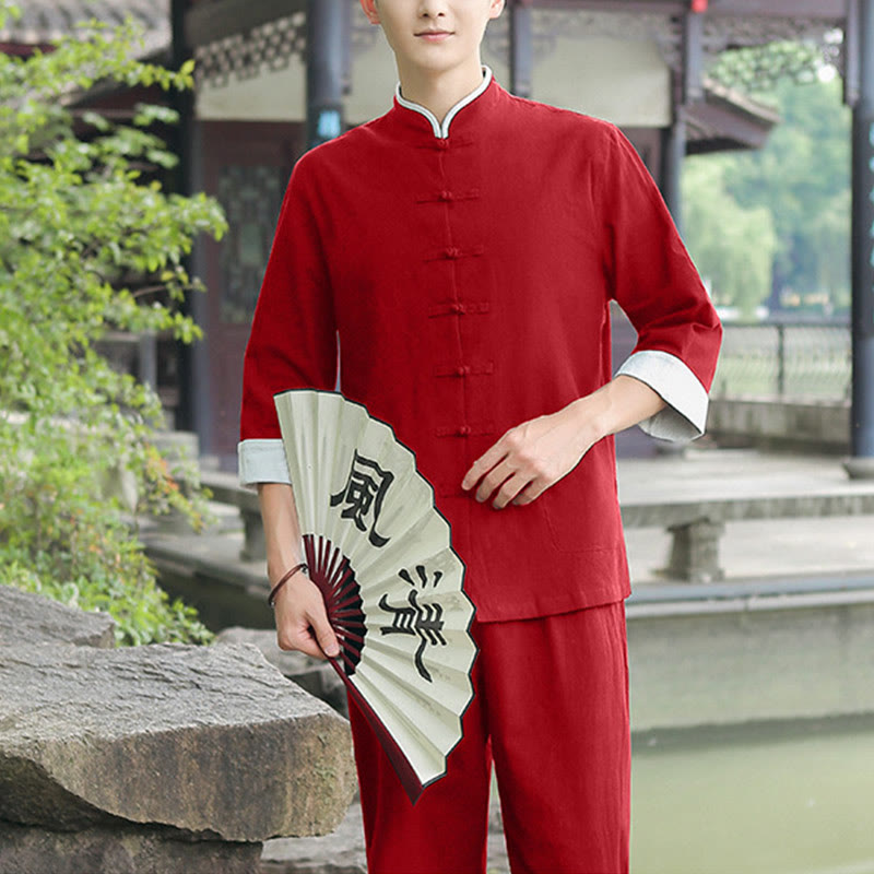 Conjunto de 2 piezas de camisa y pantalones de manga tres cuartos de algodón con botones de rana para hombre de Buddha Stones