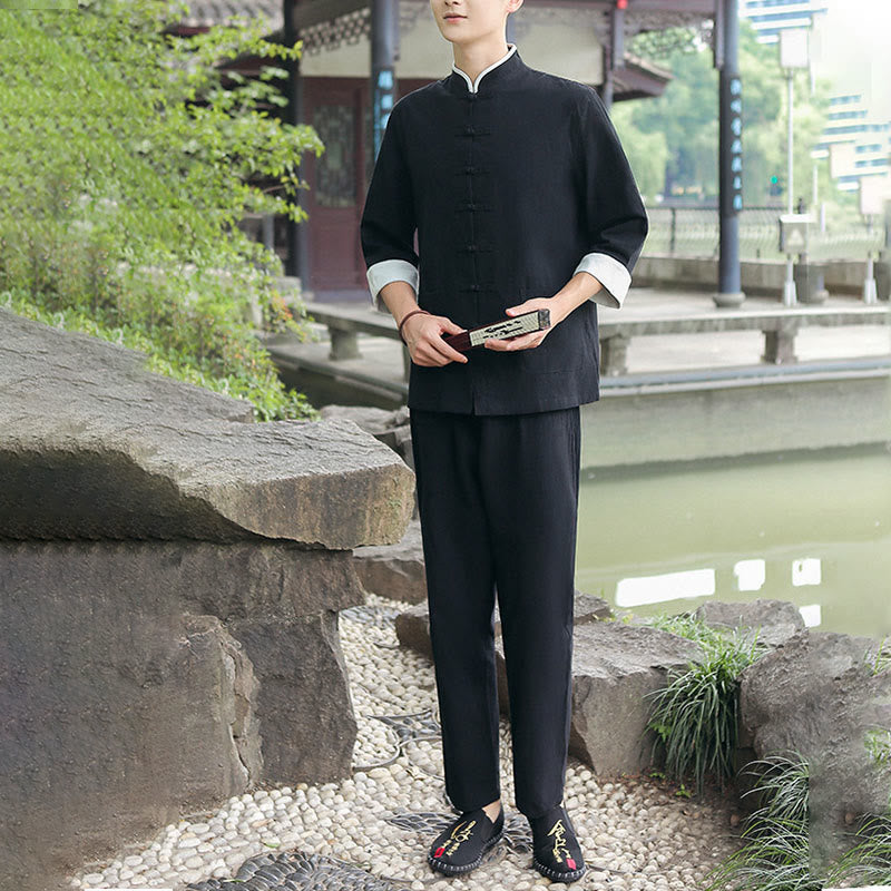 Conjunto de 2 piezas de camisa y pantalones de manga tres cuartos de algodón con botones de rana para hombre de Buddha Stones - image 8
