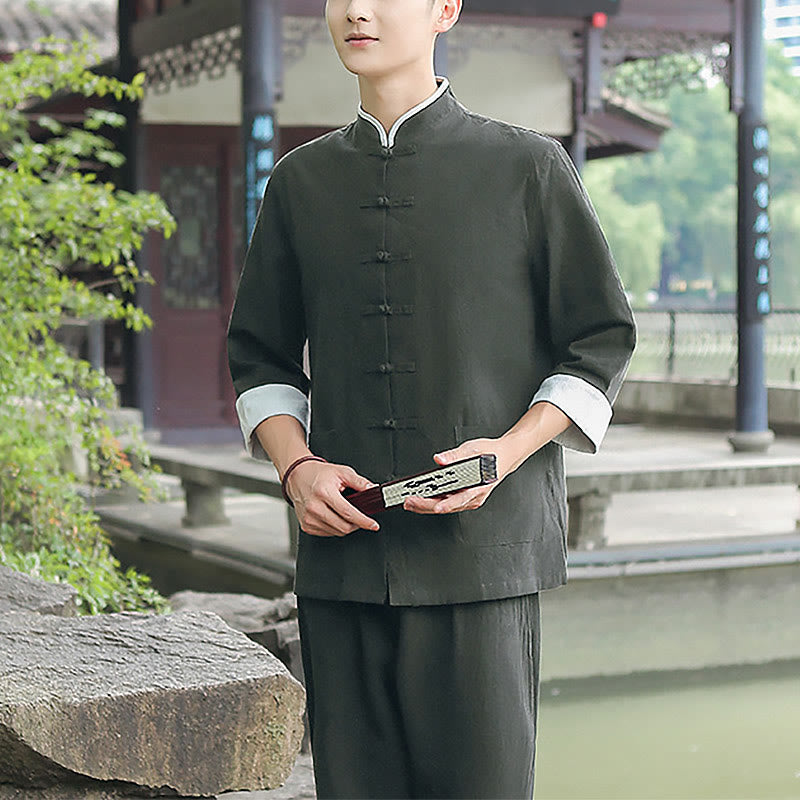 Conjunto de 2 piezas de camisa y pantalones de manga tres cuartos de algodón con botones de rana para hombre de Buddha Stones - image 16