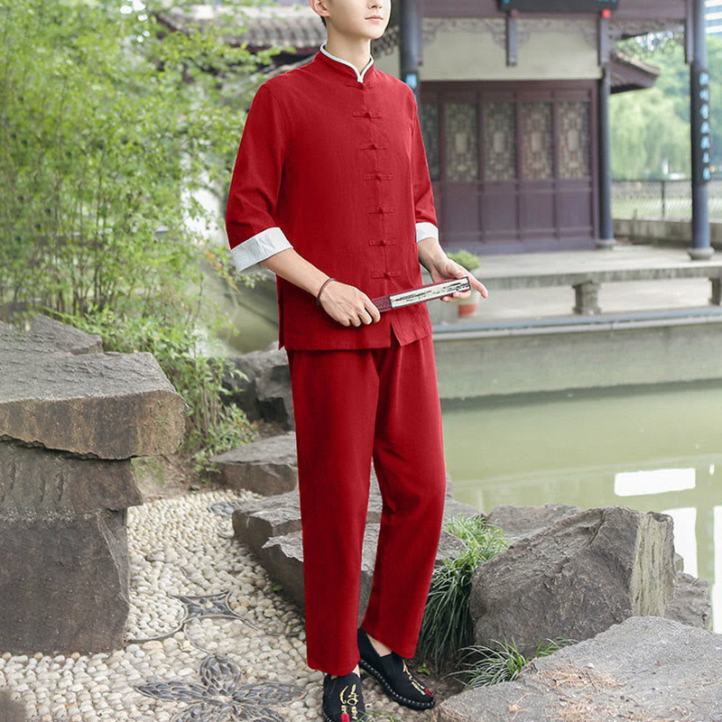 Conjunto de 2 piezas de camisa y pantalones de manga tres cuartos de algodón con botones de rana para hombre de Buddha Stones