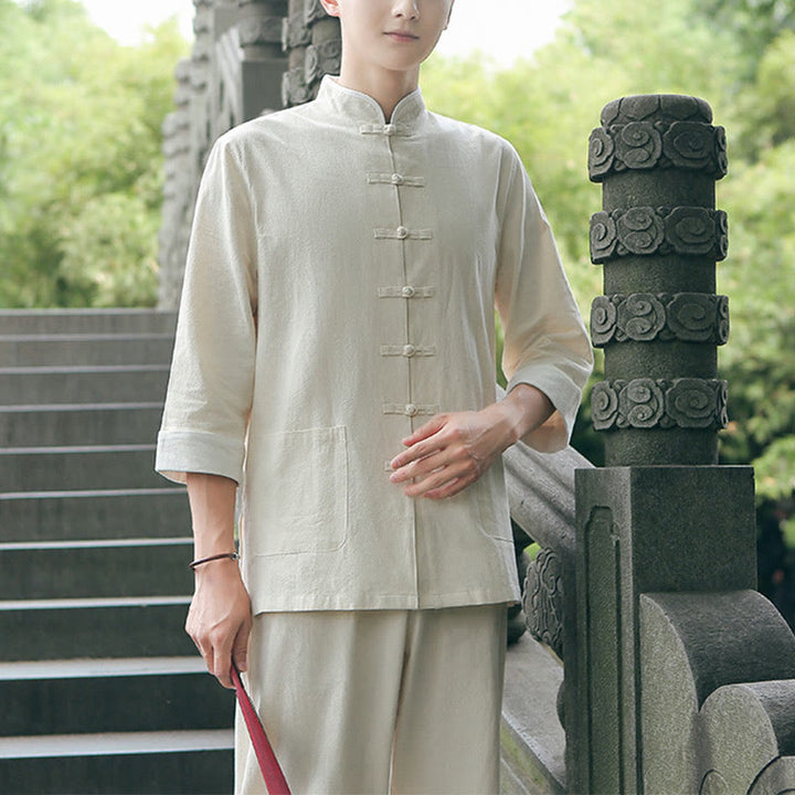 Conjunto de 2 piezas de camisa y pantalones de manga tres cuartos de algodón con botones de rana para hombre de Buddha Stones - image 3
