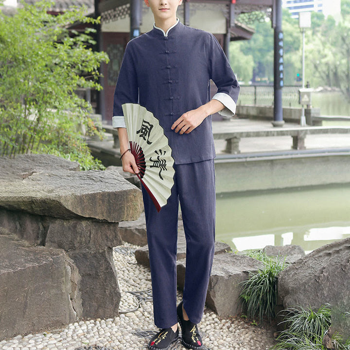 Conjunto de 2 piezas de camisa y pantalones de manga tres cuartos de algodón con botones de rana para hombre de Buddha Stones