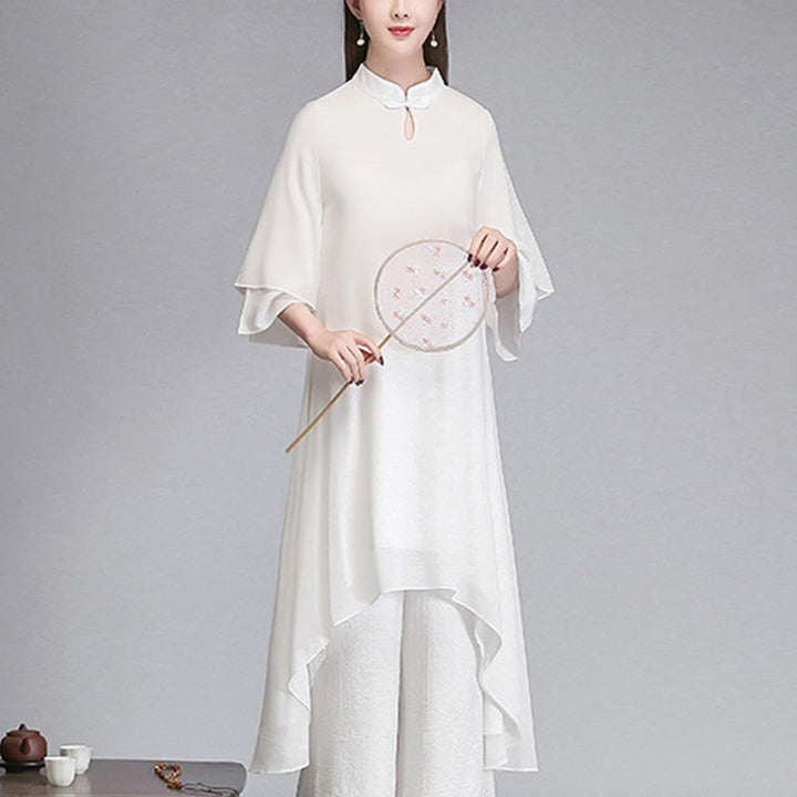 Vestido camisero irregular de gasa con mangas tres cuartos para mujer, pantalones de pierna ancha, ropa de meditación con Buddha Stones