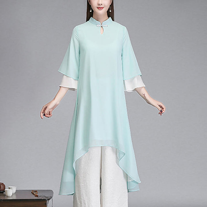 Vestido camisero irregular de gasa con mangas tres cuartos para mujer, pantalones de pierna ancha, ropa de meditación con Buddha Stones