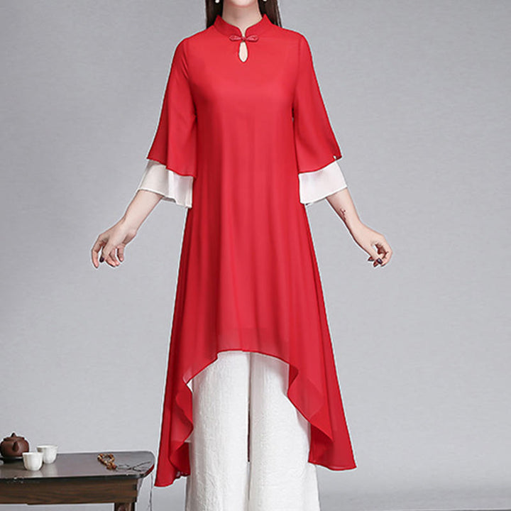 Vestido camisero irregular de gasa con mangas tres cuartos para mujer, pantalones de pierna ancha, ropa de meditación con Buddha Stones