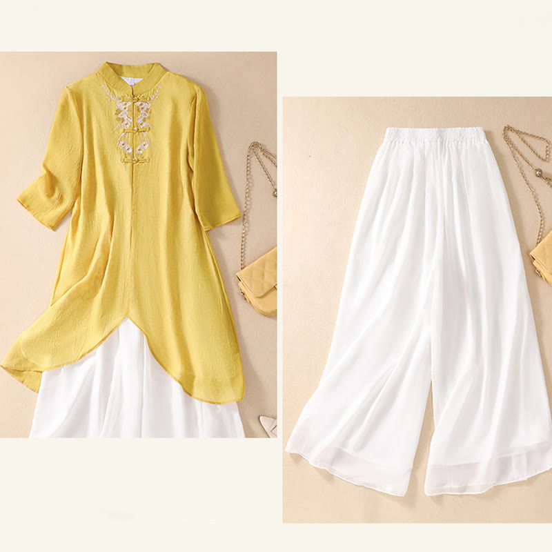 Vestido camisero con botones de rana y bordado de flores para mujer de Buddha Stones, pantalones de pierna ancha