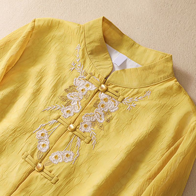 Vestido camisero con botones de rana y bordado de flores para mujer de Buddha Stones, pantalones de pierna ancha
