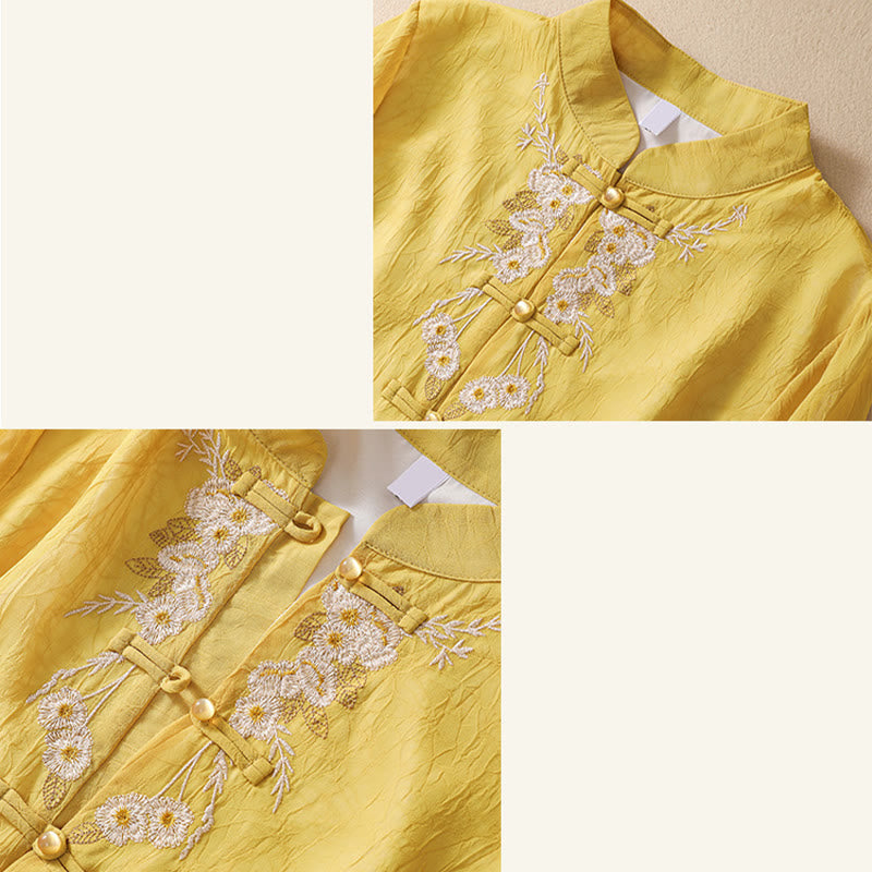 Vestido camisero con botones de rana y bordado de flores para mujer de Buddha Stones, pantalones de pierna ancha