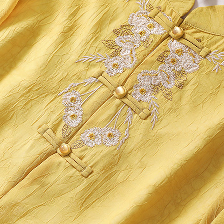 Vestido camisero con botones de rana y bordado de flores para mujer de Buddha Stones, pantalones de pierna ancha