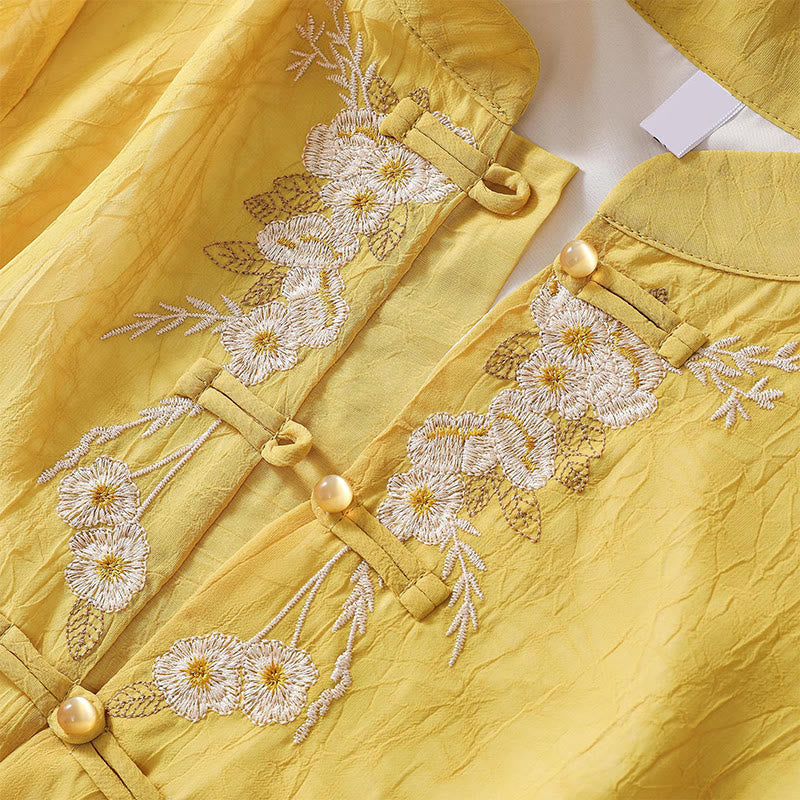 Vestido camisero con botones de rana y bordado de flores para mujer de Buddha Stones, pantalones de pierna ancha