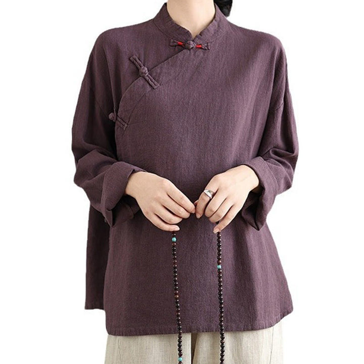 Camisa de mujer de manga larga con botones de rana en color liso con Buddha Stones - image 16