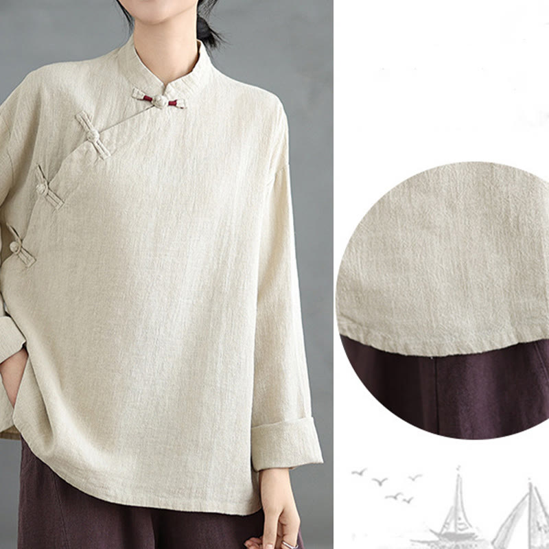 Camisa de mujer de manga larga con botones de rana en color liso con Buddha Stones - image 7