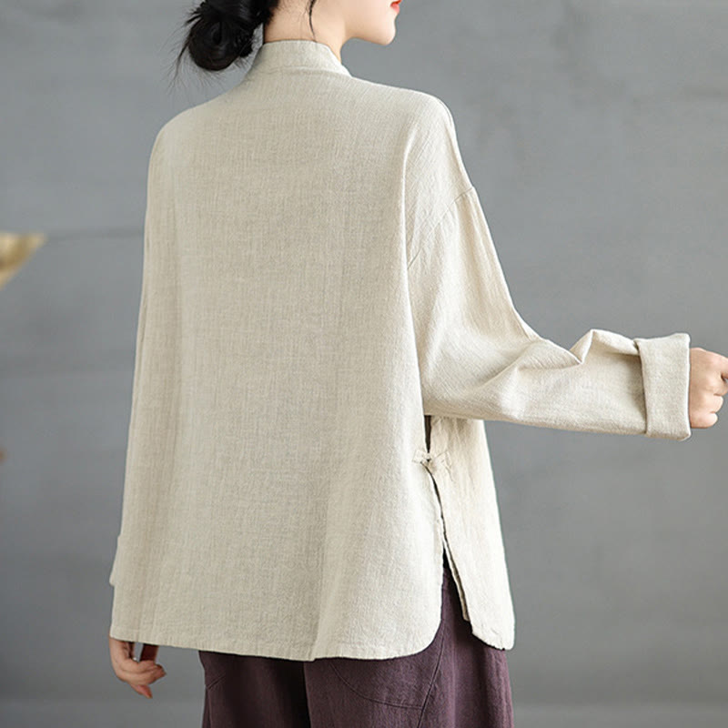 Camisa de mujer de manga larga con botones de rana en color liso con Buddha Stones - image 4