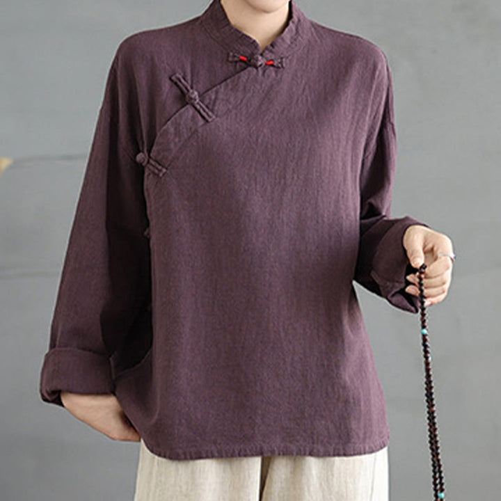 Camisa de mujer de manga larga con botones de rana en color liso con Buddha Stones - image 13