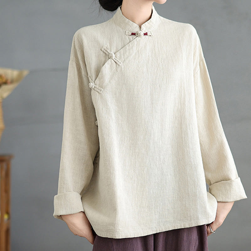 Camisa de mujer de manga larga con botones de rana en color liso con Buddha Stones - Lino - US8-10，UK/AU12-14，EU40-42 (2XL) - image 0