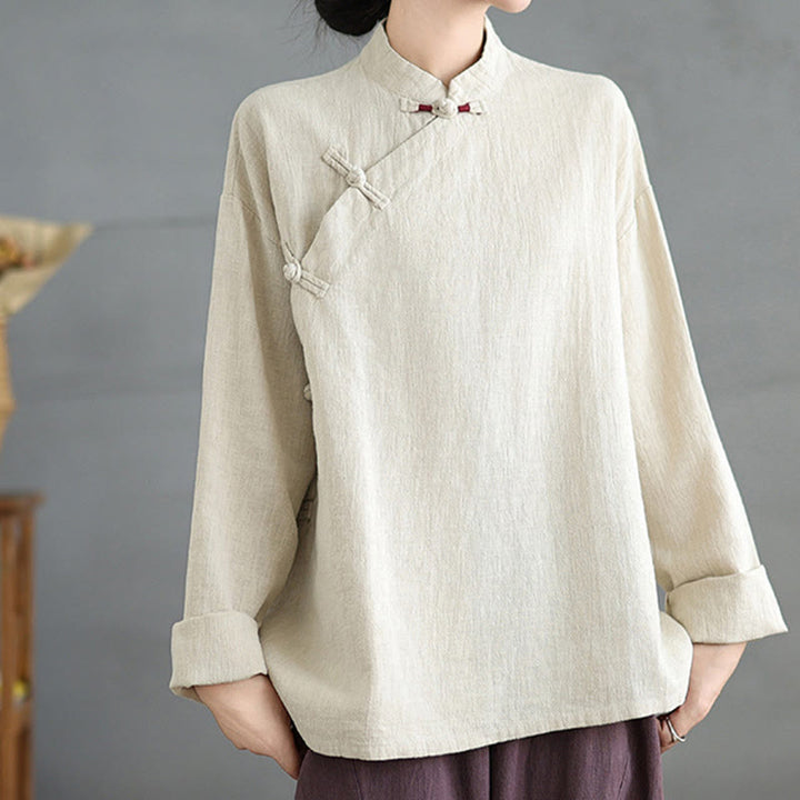 Camisa de mujer de manga larga con botones de rana en color liso con Buddha Stones - Lino - US8-10，UK/AU12-14，EU40-42 (2XL) - image 0