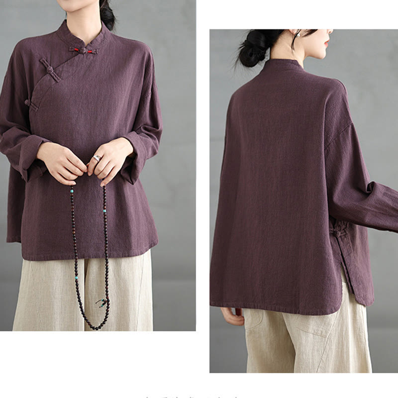 Camisa de mujer de manga larga con botones de rana en color liso con Buddha Stones - image 15