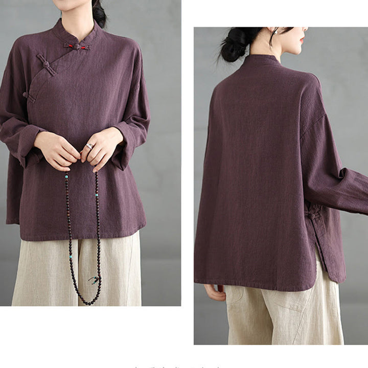 Camisa de mujer de manga larga con botones de rana en color liso con Buddha Stones - image 15