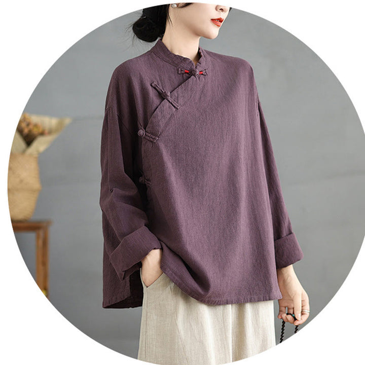 Camisa de mujer de manga larga con botones de rana en color liso con Buddha Stones - image 17