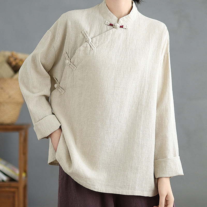 Camisa de mujer de manga larga con botones de rana en color liso con Buddha Stones - image 2