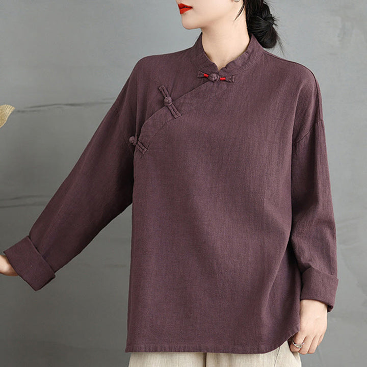 Camisa de mujer de manga larga con botones de rana en color liso con Buddha Stones - image 14