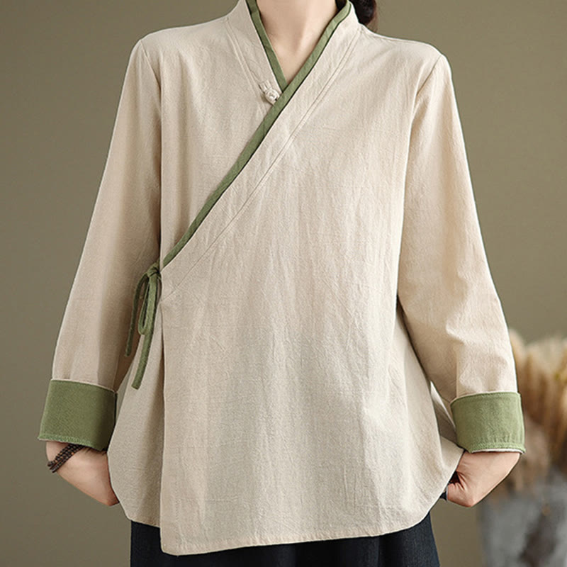 Camisa de mujer con mangas largas y cordones de Hanfu de color liso con Buddha Stones - image 1